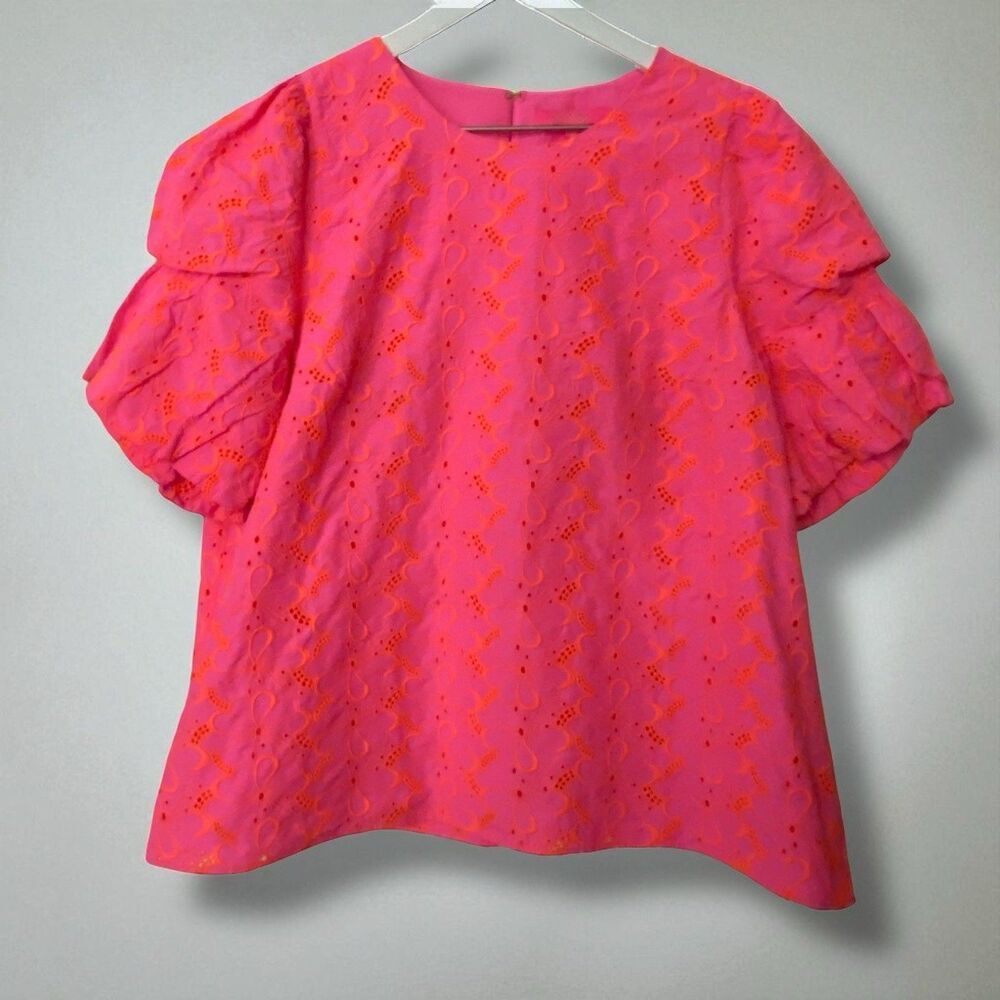 Lilly Pulitzer Lailah Top Neon Pink Orange Embroidered Eyelet Floral Glam XL - Picture 2 of 9